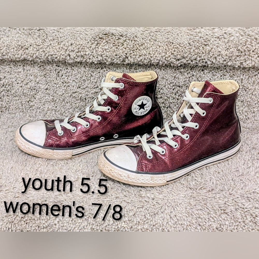 🟢Youth 5.5 women 7/8 38 ruby red sparkle Glitter High top Converse sneaker shoe